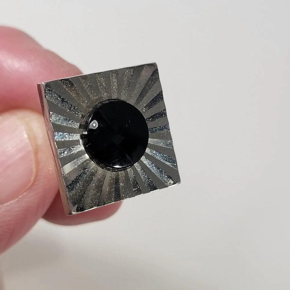 Vintage Swank Cufflinks‎ Mens Silver Tone Black Stone Sunburst Square Design